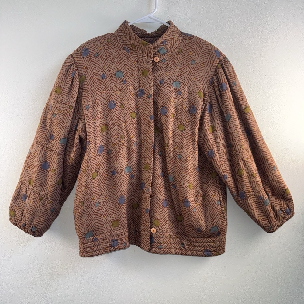 Vintage Leslie Fay Condotti Jacket Womens M Brown Abstract Print Lightweigt Boho